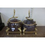A pair of French style ormolu and marble orb shaped centrepieces surmounted with serpents