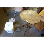 A George III oak tripod table, milk bottle holder and enamelled bread bin