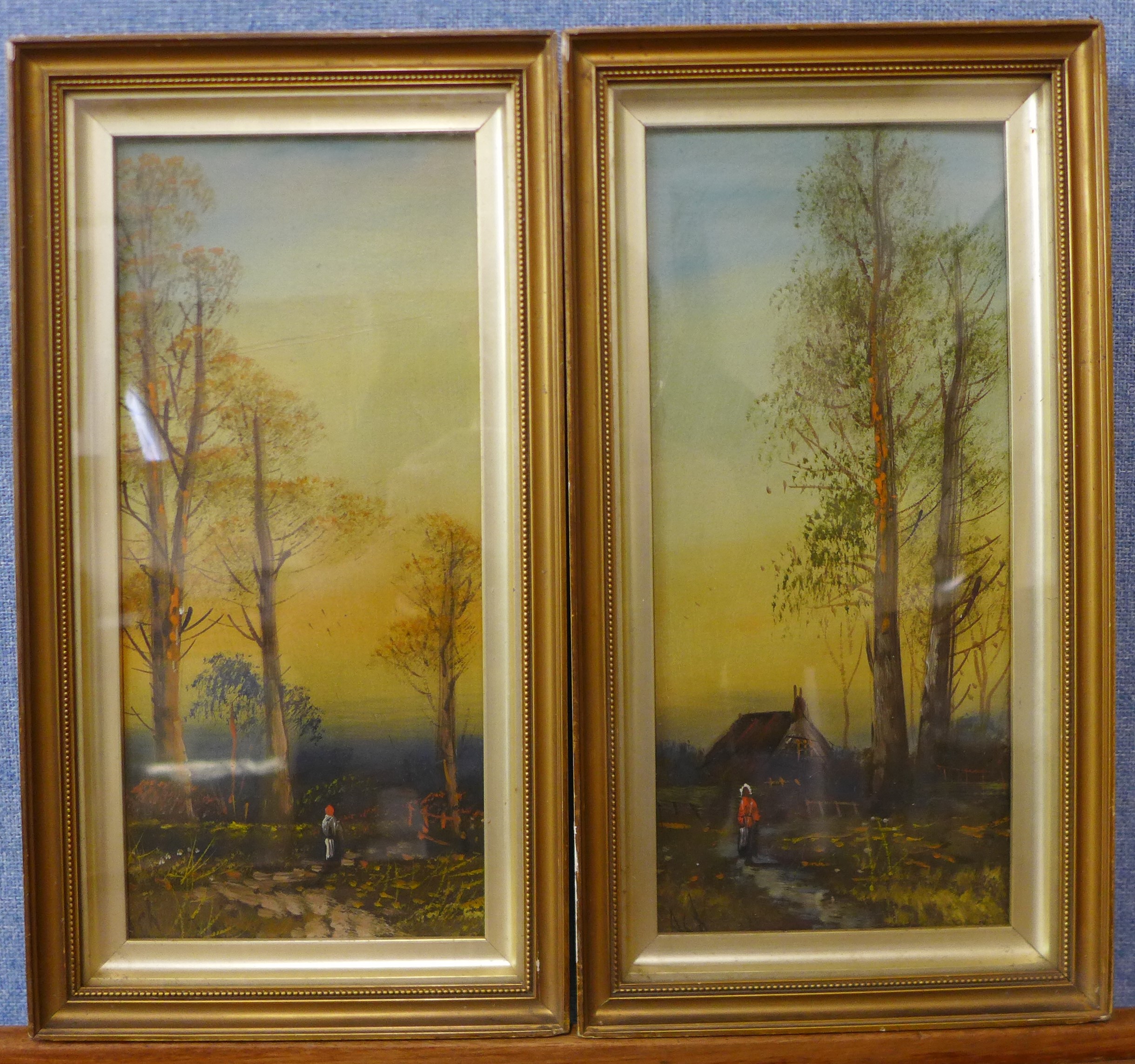 A.C.H., pair of rural landscapes with figures, oil on card, 32 x 15cms, framed