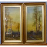 A.C.H., pair of rural landscapes with figures, oil on card, 32 x 15cms, framed