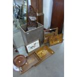 A carved wooden folding wall shelf, magazine rack, two trays, two inlaid plaques and a fruit bowl