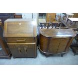 A walnut bow front side cabinet and an oak bureau