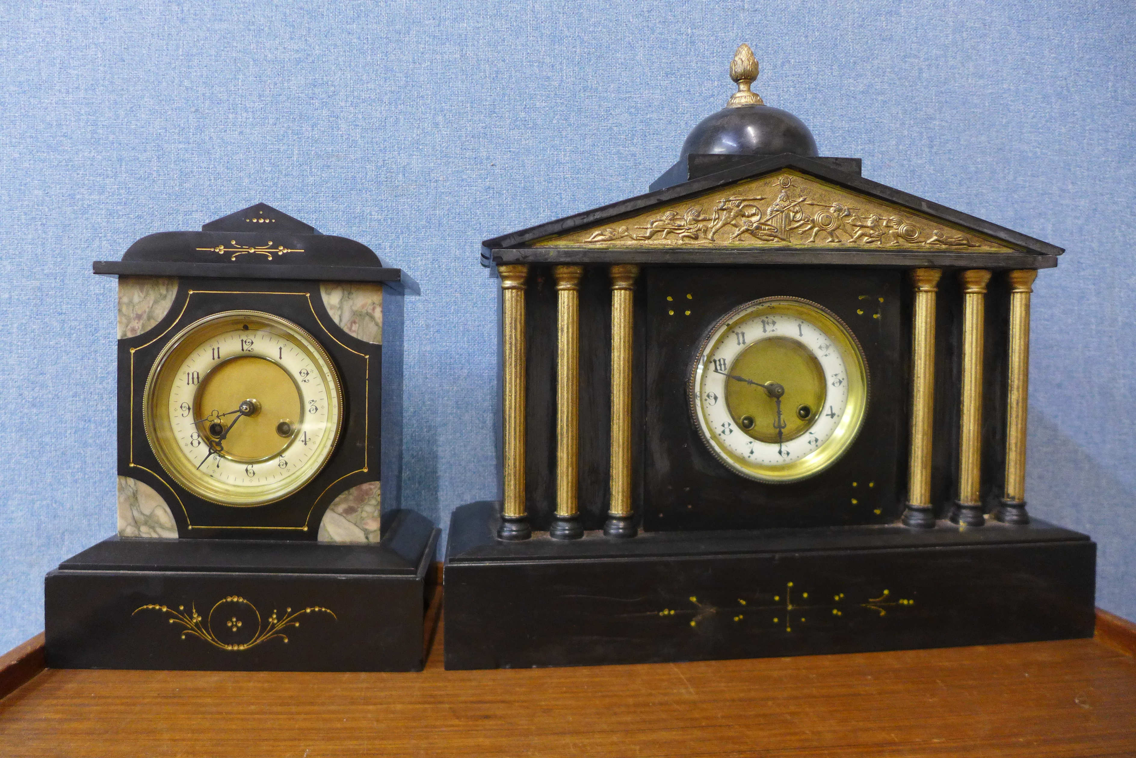 Two 19th Century French Belge noir mantel clocks, a/f