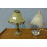 An Art Deco chrome table lamp and an Art Nouveau style tea light holder