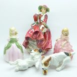 Three Royal Doulton figures including Top O' the Hill, and two Royal Doulton dog figures, (one dog