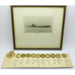 A card of ten Royal Navy uniform buttons and a badge plus a framed submarine photographic