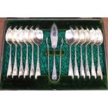 A 19th Century cased set of twelve silver plated spoons, sugar bows and butter knife