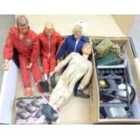 A collection of Action Man figures, a Six Million Dollar Man figure and accessories