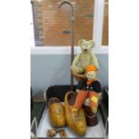 Two soft toys, a silver mounted walking stick, two bongo drums, wooden clogs, etc.