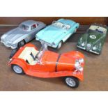 Four Burago die-cast model vehicles, 1948 Jaguar XK-120, Mercedes 300 SL 1954, Jaguar SS100 and