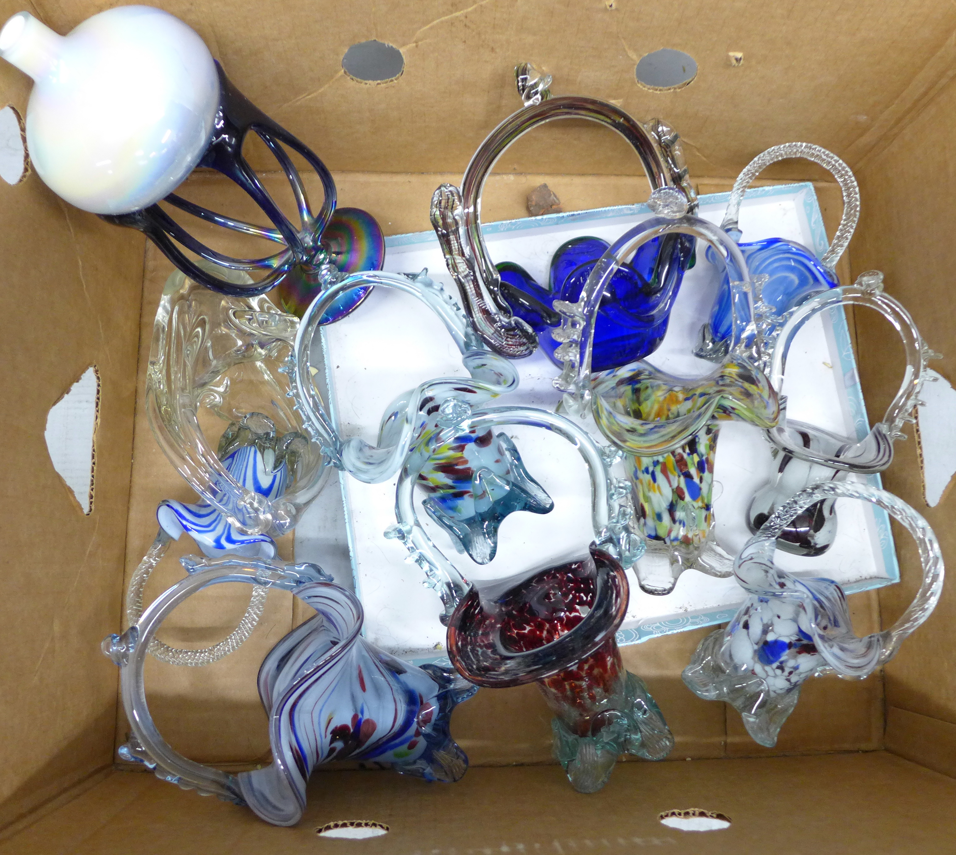 A collection of coloured glass baskets XXXXX PLEASE NOTE WE CANNOT PACK AND POST THIS LOT XXXXX