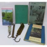 Three fly fishing books and three spring scales