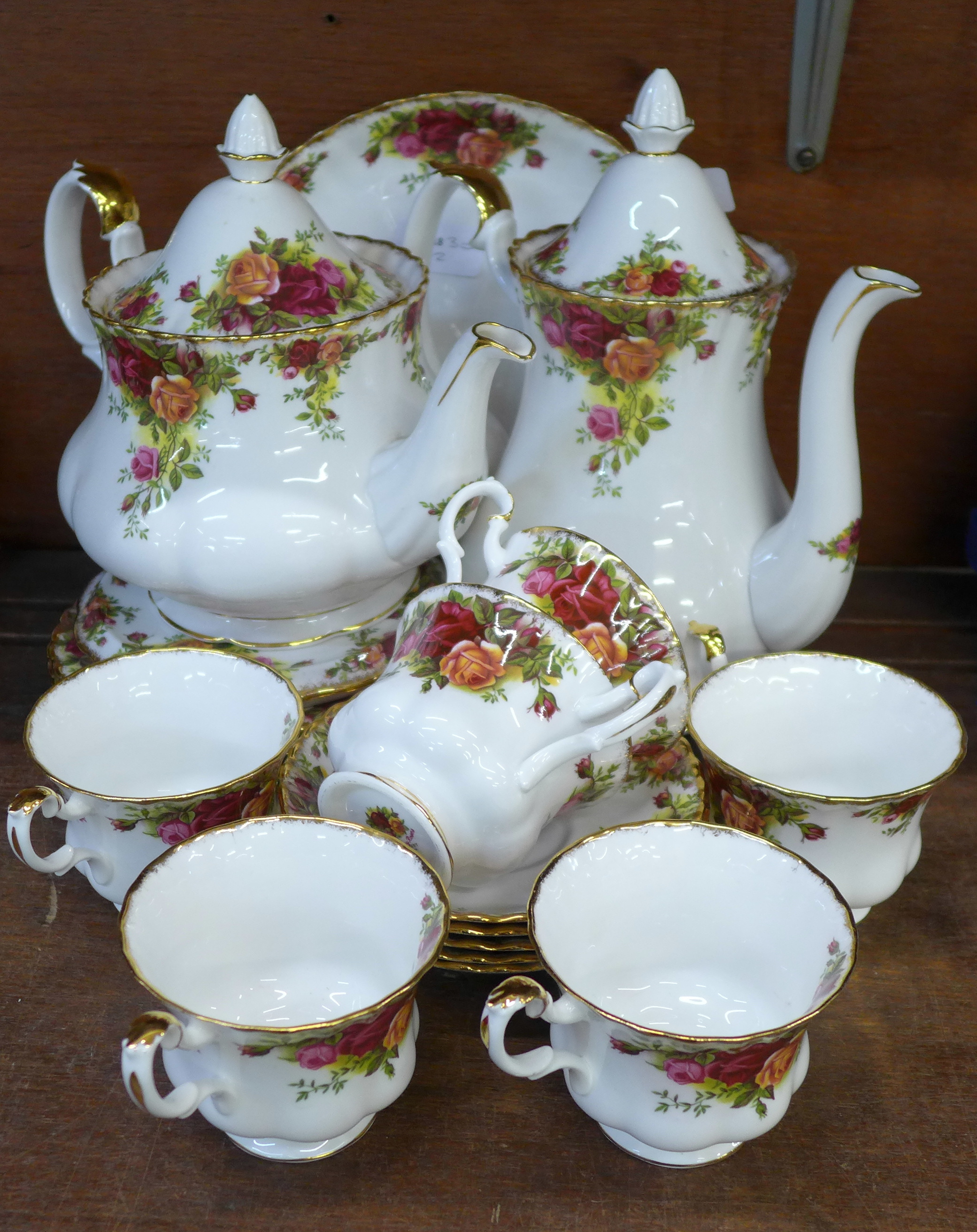 Royal Albert Old Country Roses tea ware, teapot, six cups, five saucers, six side plates, sandwich