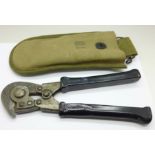 A pair of American military wire cutters, the canvas case marked Schell Lea., CDS. Co., Inc., 1944