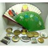 Twelve compacts including one white metal, a scent bottle and two fans