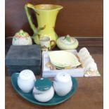 A Denby condiment set, motto ware, a Carlton Ware preserve, etc.