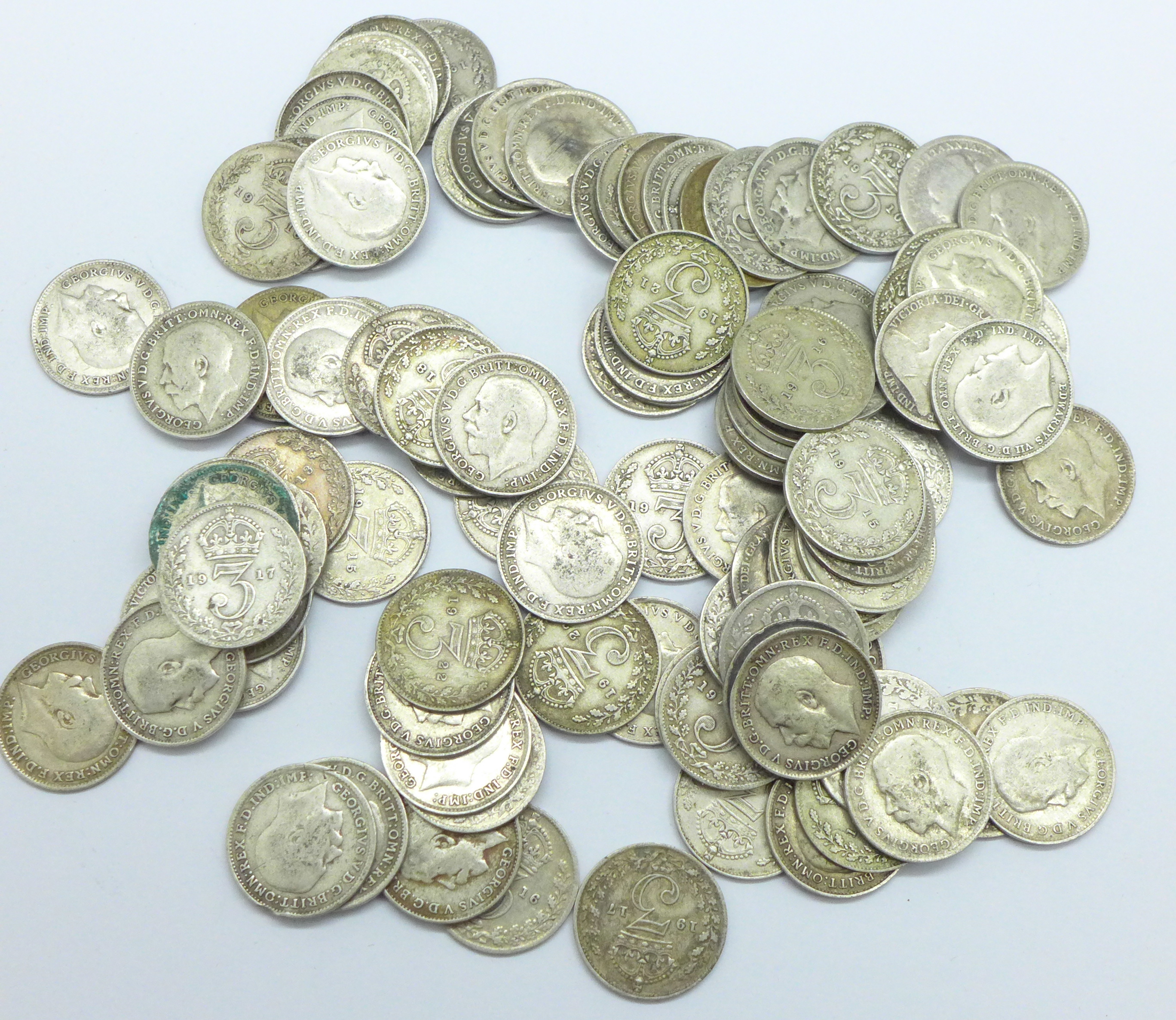 Approximately 100 pre 1920 silver 3d coins, some Victorian, 137g