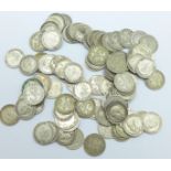 Approximately 100 pre 1920 silver 3d coins, some Victorian, 137g