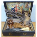 A wooden box containing knives with silver ferrules and treen, etc.