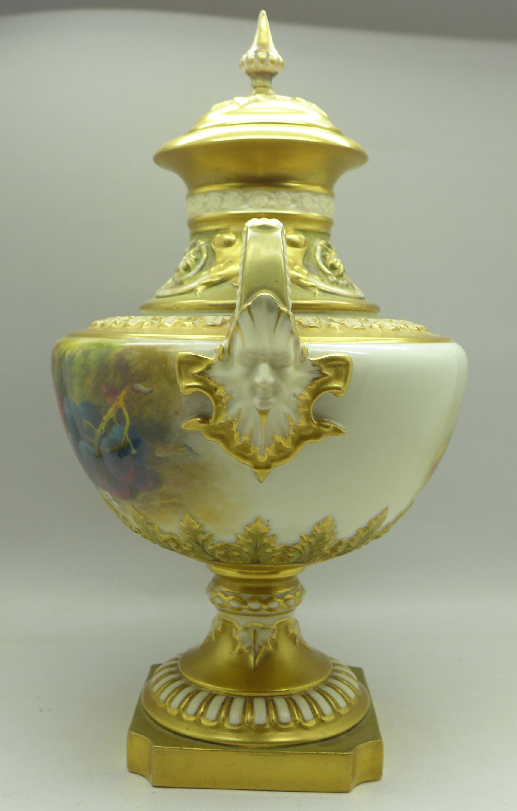 A 1925 Royal Worcester hand decorated lidded vase, 1572, signed (William) Ricketts, finial on lid - Image 3 of 11