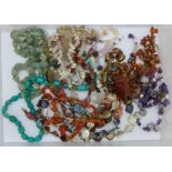 Gem necklaces including coral, turquoise, tigers eye, agate, amethyst, etc.