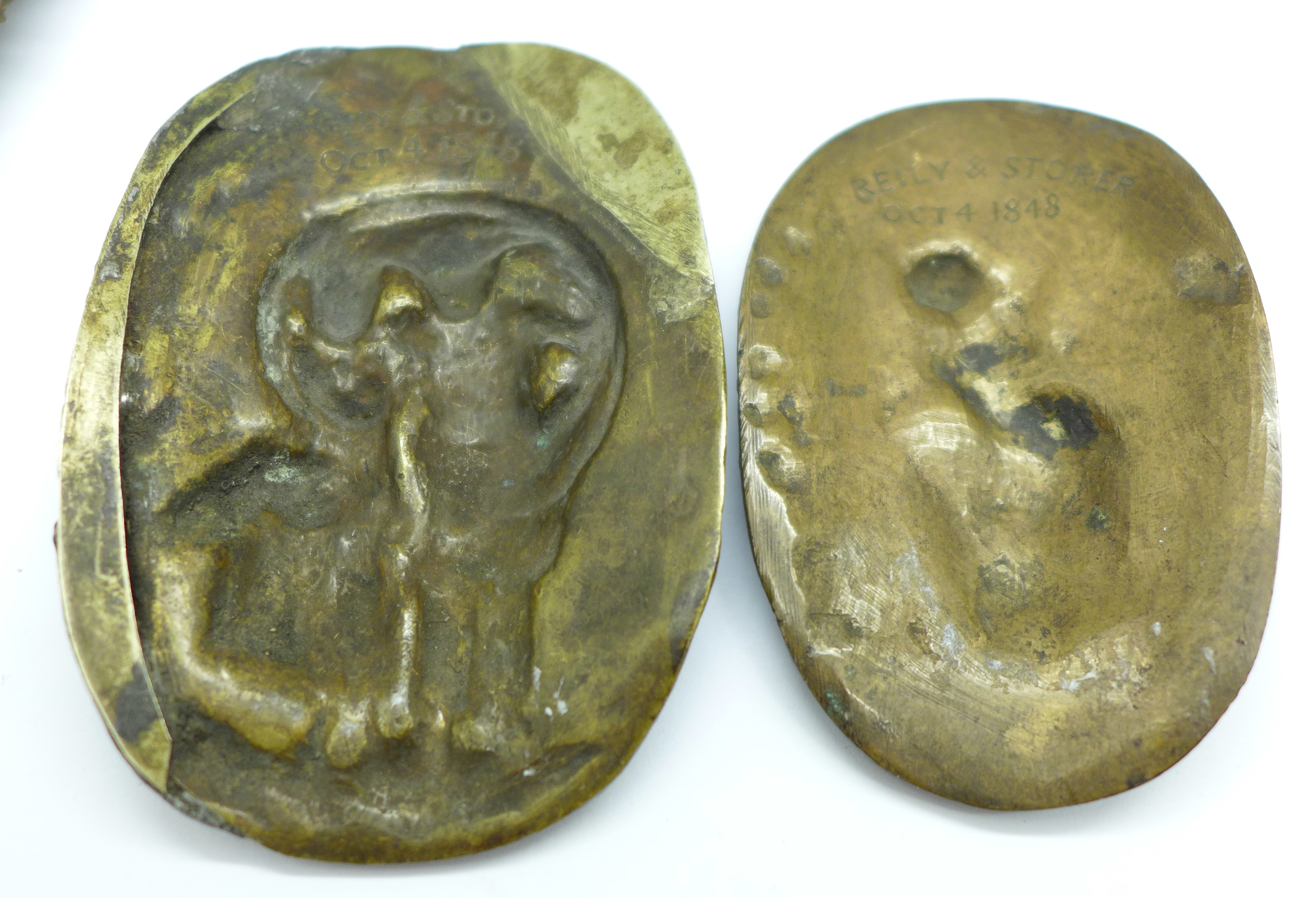 Two Holy figures holding cathedrals including one bronze and two bronze plaques, marked (Charles) - Image 3 of 6