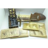 A porcupine quill box, dominoes and a stereoscopic viewer and cards
