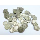 Approximately 100 pre 1920 silver 3d coins, some Victorian, 136g