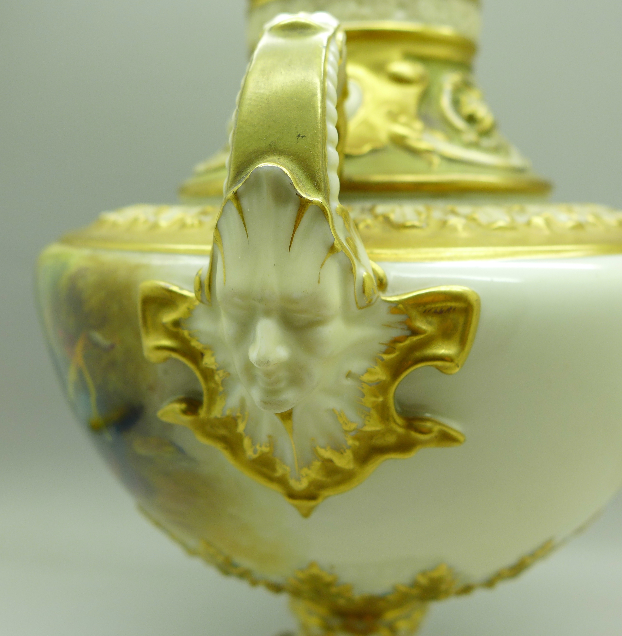 A 1925 Royal Worcester hand decorated lidded vase, 1572, signed (William) Ricketts, finial on lid - Image 4 of 11