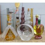 Glassware including amber cut glass scent bottle, decanters, bowl, bottles, etc.