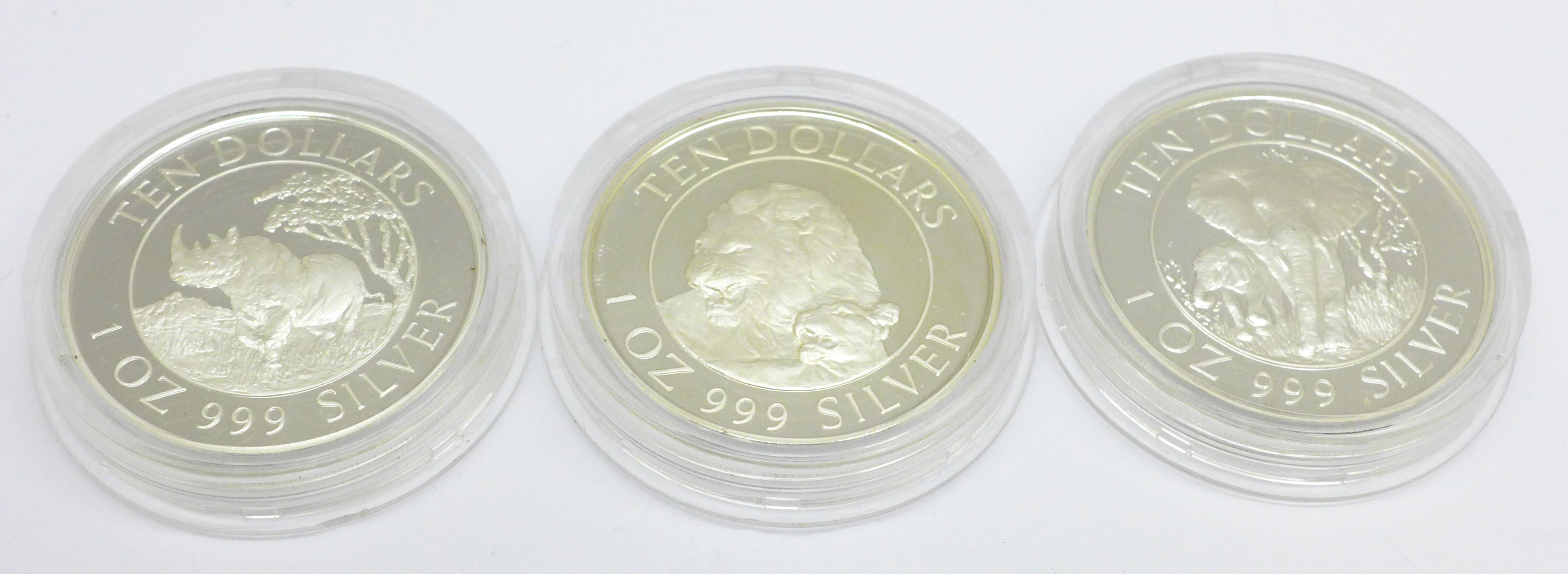 Three 1oz .999 fine silver ten dollars coins, Zimbabwe 1996 - Image 2 of 2