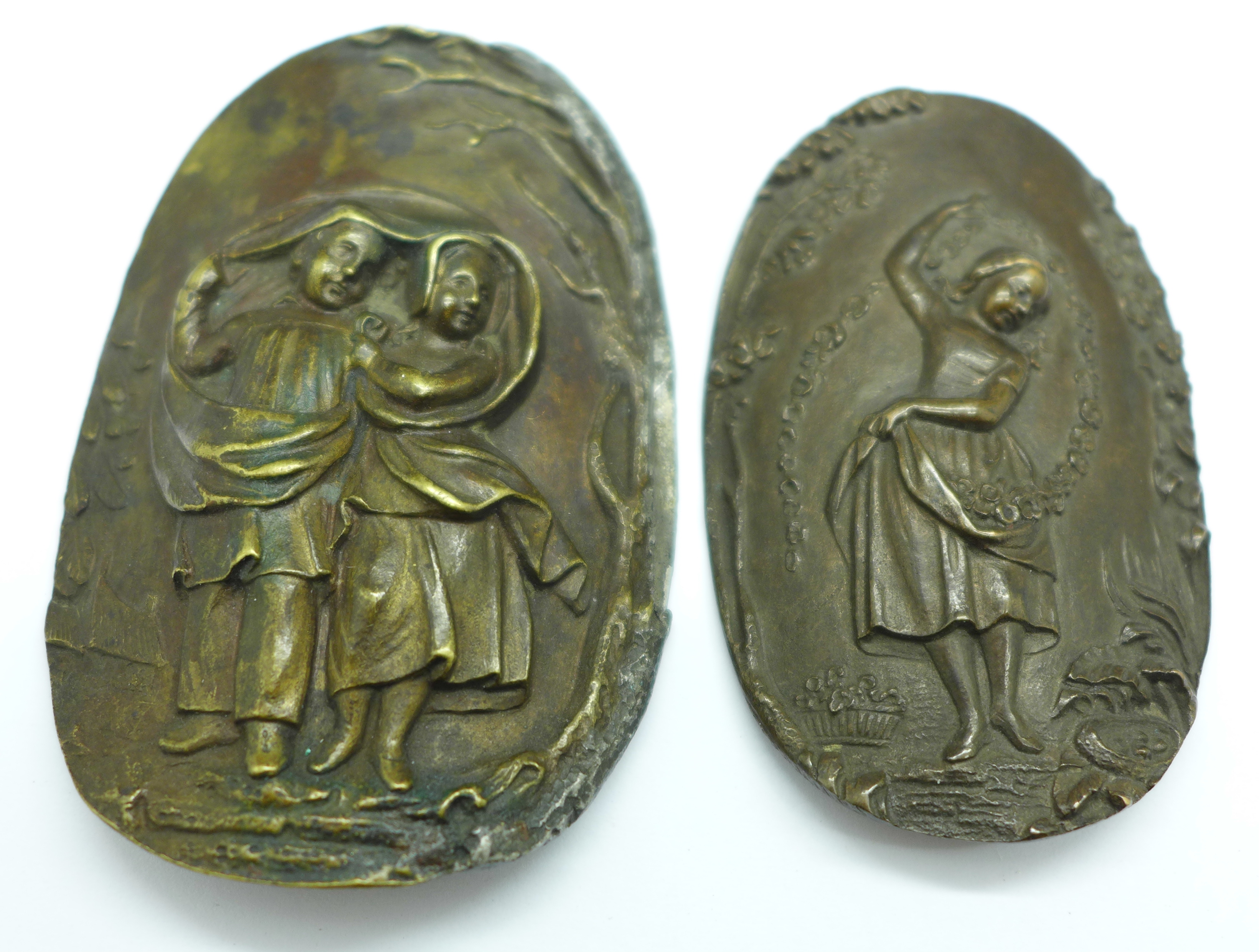 Two Holy figures holding cathedrals including one bronze and two bronze plaques, marked (Charles) - Image 2 of 6