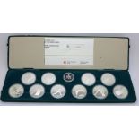 A set of ten one troy ounce silver 1988 Calgary Olympic coins, boxed with certificate