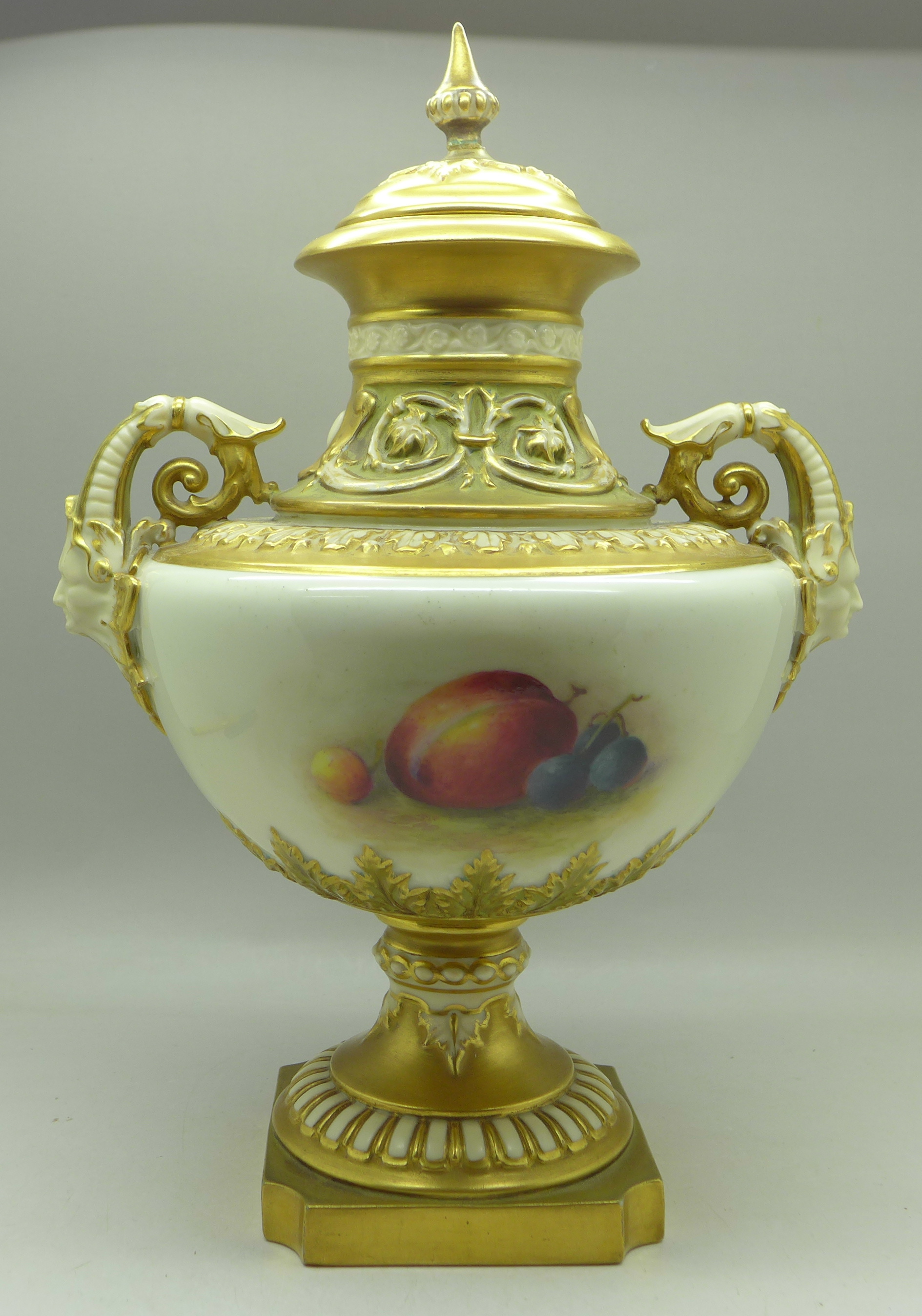 A 1925 Royal Worcester hand decorated lidded vase, 1572, signed (William) Ricketts, finial on lid - Image 5 of 11