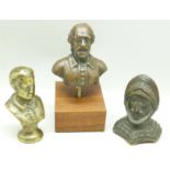 A small bronze bust of Queen Victoria, a filled bronze bust of a knight in armour and one other bust