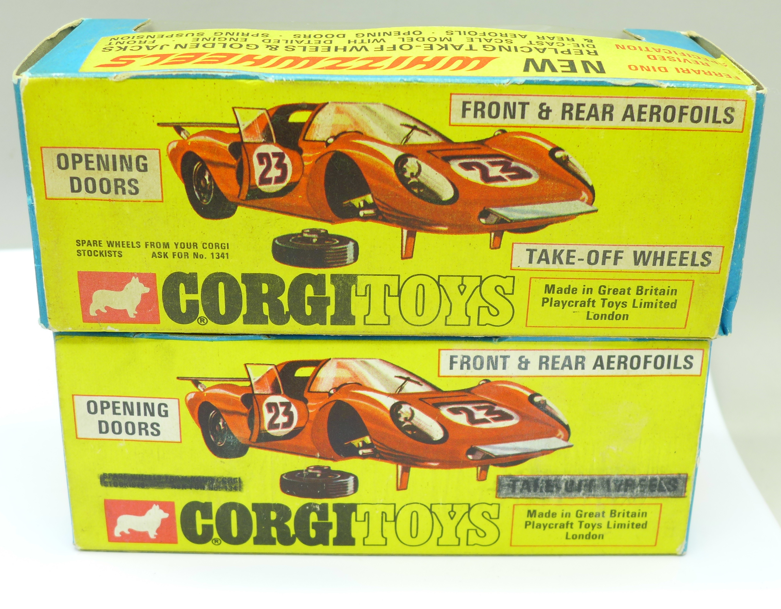 Two Corgi Toys 344 Ferrari 206 Dino Sport racing cars, yellow and red, boxed - Image 4 of 7