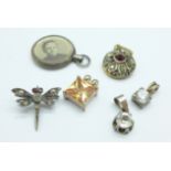 A hallmarked silver photograph pendant, four other pendants and an insect pin lacking stone