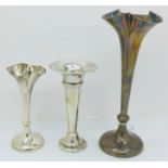 Three silver posy vases, (weighted), tallest 16cm