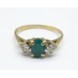 A 9ct gold, green stone and cubic zirconia ring, 1.2g, H, hallmark worn