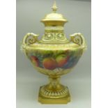 A 1925 Royal Worcester hand decorated lidded vase, 1572, signed (William) Ricketts, finial on lid