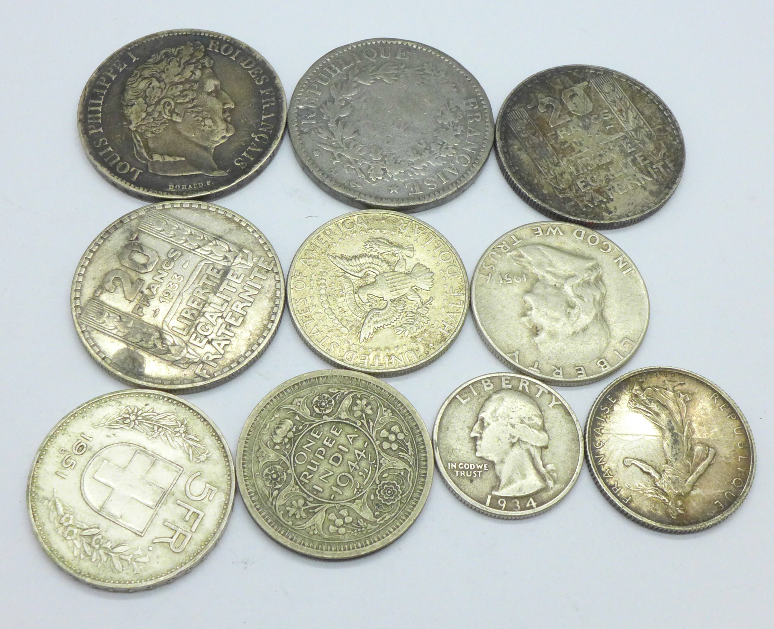 Ten coins including a French 1851 5 Francs coin, other French coins and three American coins