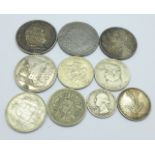 Ten coins including a French 1851 5 Francs coin, other French coins and three American coins