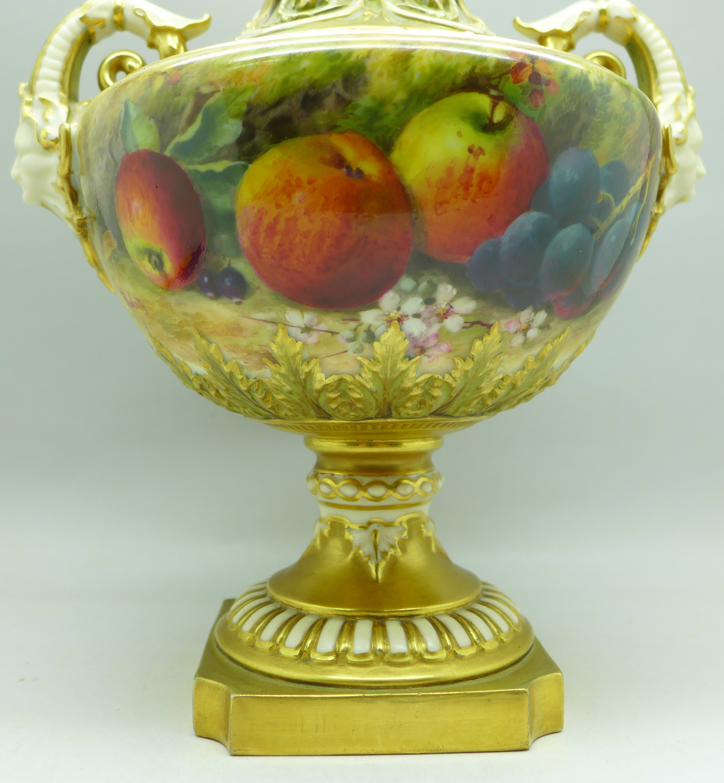 A 1925 Royal Worcester hand decorated lidded vase, 1572, signed (William) Ricketts, finial on lid - Image 2 of 11