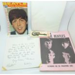 Beatles collection, Fan Club poster, Introducing The Beatles pamphlet, John Lennon badge, etc.