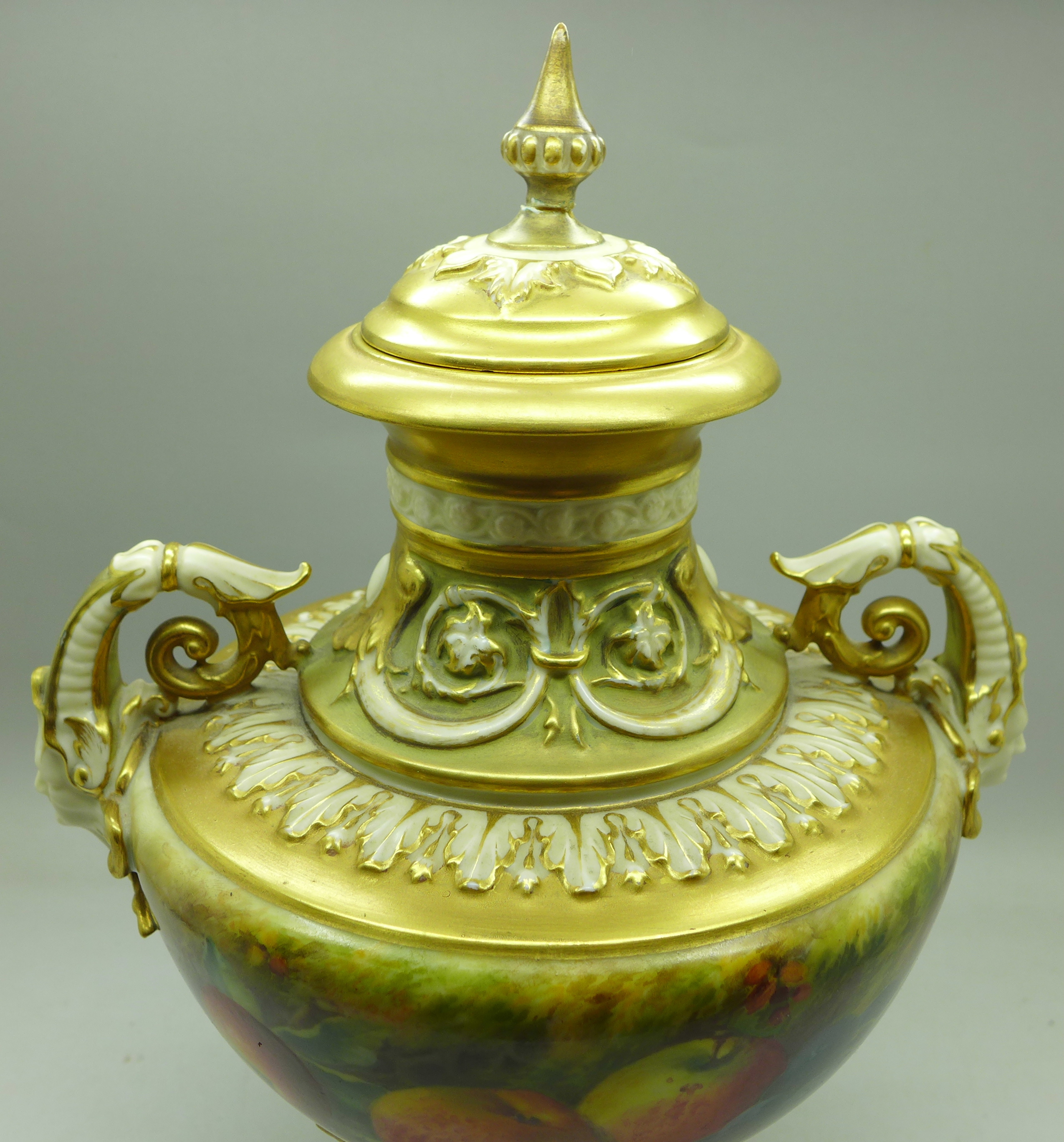 A 1925 Royal Worcester hand decorated lidded vase, 1572, signed (William) Ricketts, finial on lid - Image 7 of 11