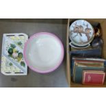 19th Century books including gardening, collectors plates, cased cutlery, etc., serving dish a/f **