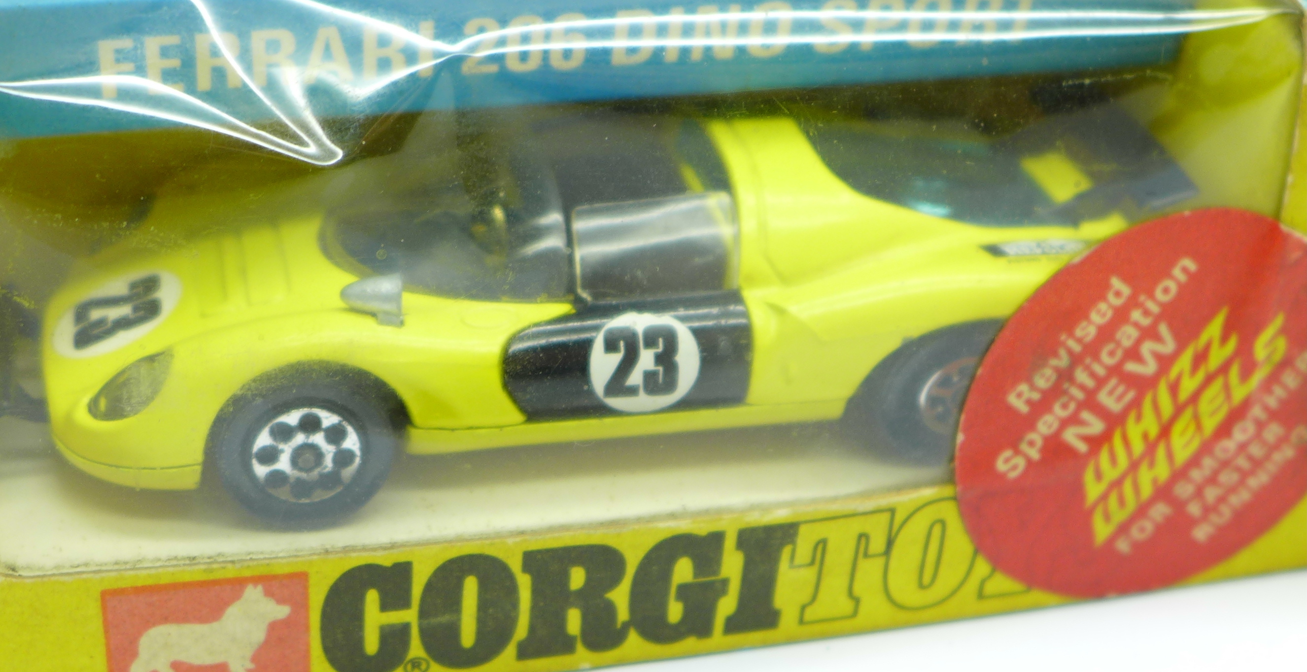 Two Corgi Toys 344 Ferrari 206 Dino Sport racing cars, yellow and red, boxed - Image 2 of 7