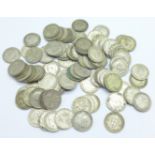 Approximately 100 pre 1947 silver 3d coins, 139g