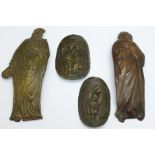 Two Holy figures holding cathedrals including one bronze and two bronze plaques, marked (Charles)