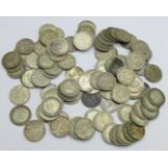 Approximately 100 pre 1947 silver 3d coins, 142g